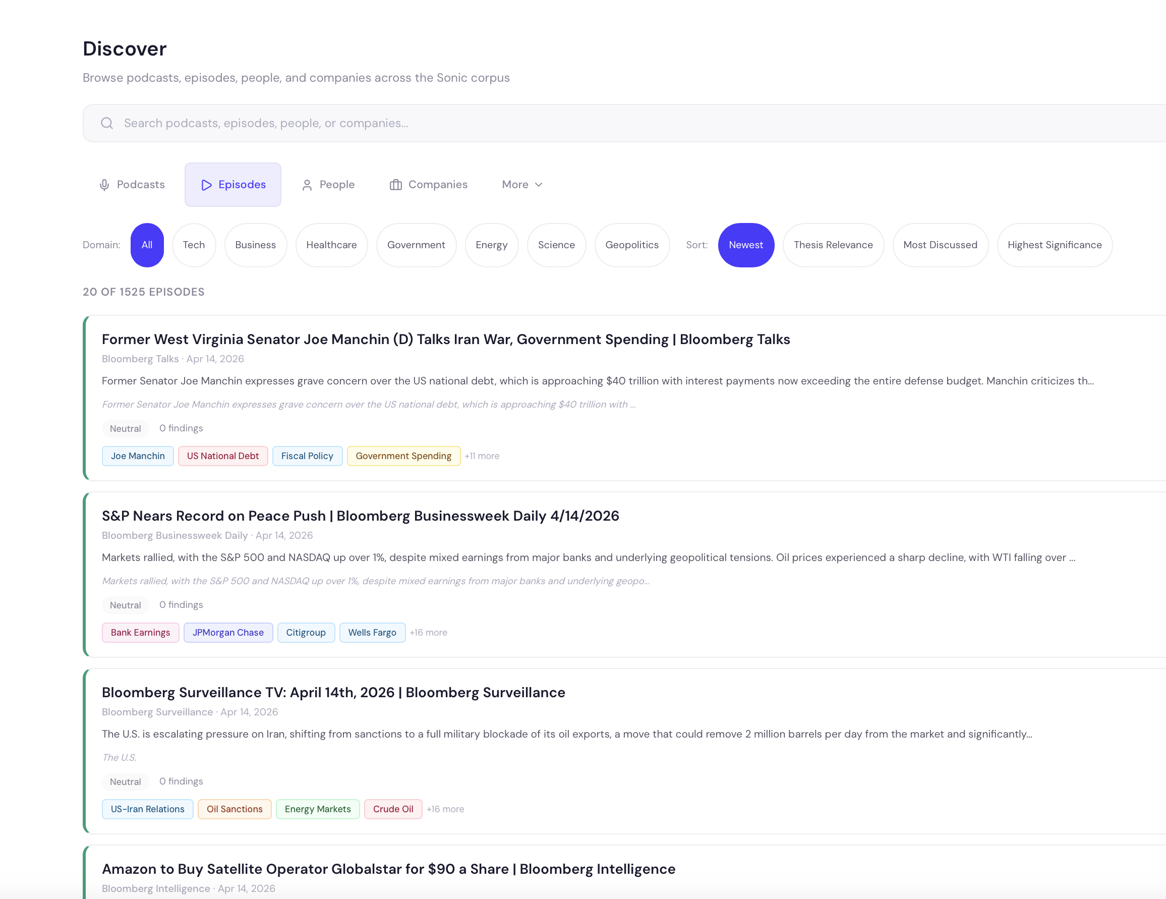 Sonic AI browse page showing indexed audio sources with entities and claims